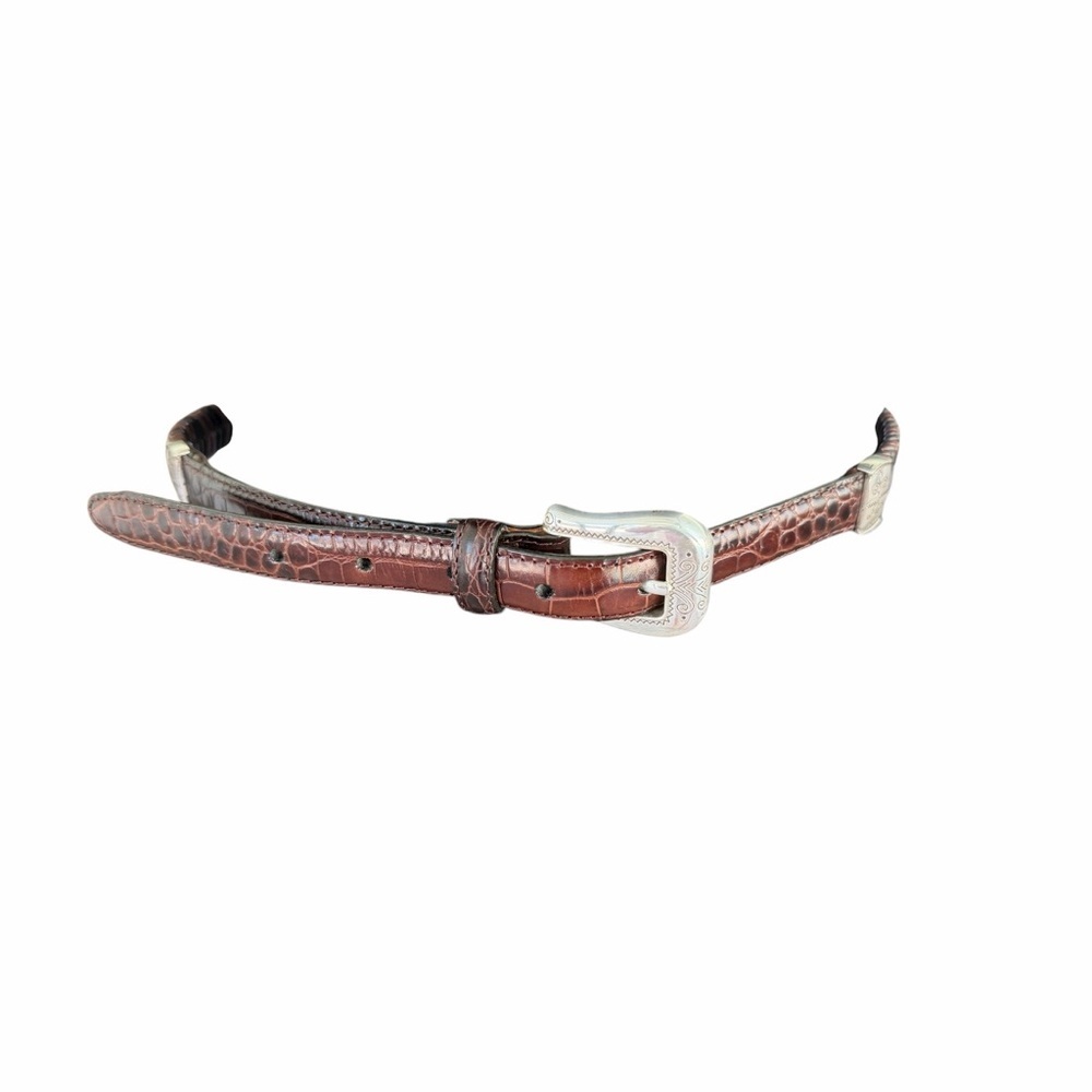 BRIGHTON Q5108 BROWN MOC CROC & WOVEN LEATHER SKINNY BELT SZ M